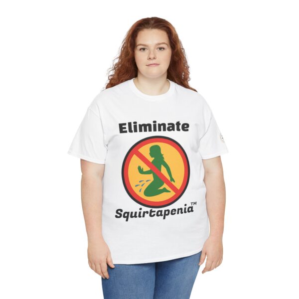 2 Sided Unisex Heavy Cotton Tee with arm emblem - Eliminate 'Squirtapenia	™' Humor Shirt - Image 6