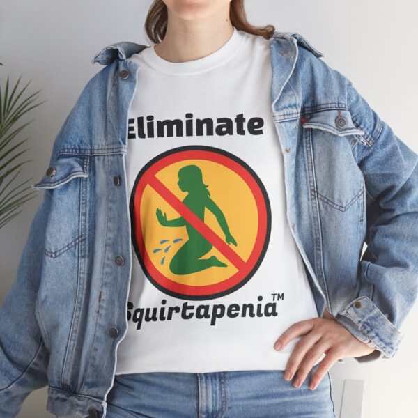 2 Sided Unisex Heavy Cotton Tee with arm emblem - Eliminate 'Squirtapenia	™' Humor Shirt - Image 7